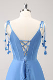 Blu A Line Spaghetti Straps Abito da pavimento in raso con fessura