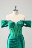 Verde Off the Shoulder Satin Tight Abito Da Cocktail con perline