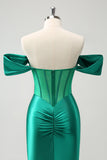 Verde Off the Shoulder Satin Tight Abito Da Cocktail con perline