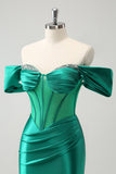 Verde Off the Shoulder Satin Tight Abito Da Cocktail con perline