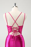 Fucsia Aderente Spaghetti Straps in rilievo Abito corto da ritorno a casa in raso