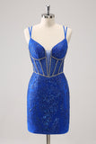 Scintillante Royal Blue Spaghetti Straps corsetto stretto Abito Da Cocktail con paillettes