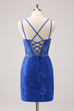 Scintillante Royal Blue Spaghetti Straps corsetto stretto Abito Da Cocktail con paillettes