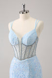 Scintillante Royal Blue Spaghetti Straps corsetto stretto Abito Da Cocktail con paillettes