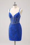 Scintillante Royal Blue Spaghetti Straps corsetto stretto Abito Da Cocktail con paillettes