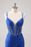 Scintillante Royal Blue Spaghetti Straps corsetto stretto Abito Da Cocktail con paillettes