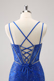 Scintillante Royal Blue Spaghetti Straps corsetto stretto Abito Da Cocktail con paillettes