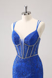 Scintillante Royal Blue Spaghetti Straps corsetto stretto Abito Da Cocktail con paillettes