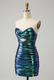 Sparkly Teal Blue Bodycon Sweetheart Ruched Short Abito Da Laurea