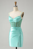 Verde chiaro Spaghetti Straps Aderente Corsetto Raso Abito Da Laurea con Spacco