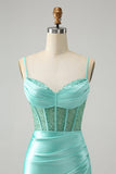 Verde chiaro Spaghetti Straps Aderente Corsetto Raso Abito Da Laurea con Spacco