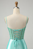 Verde chiaro Spaghetti Straps Aderente Corsetto Raso Abito Da Laurea con Spacco