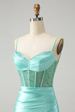 Verde chiaro Spaghetti Straps Aderente Corsetto Raso Abito Da Laurea con Spacco