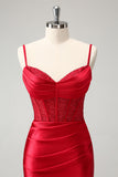 Elegante rosso aderente spalline corsetto in raso Abito Da Laurea con fessura