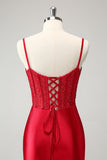 Elegante rosso aderente spalline corsetto in raso Abito Da Laurea con fessura