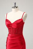 Elegante rosso aderente spalline corsetto in raso Abito Da Laurea con fessura