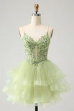 Verde chiaro A-Line tulle Tiered Abito Da Cocktail con applicazioni