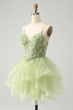 Verde chiaro A-Line tulle Tiered Abito Da Cocktail con applicazioni