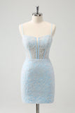 Azzurro aderente Spaghetti Straps corsetto Homceoming Dress con paillettes