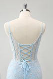 Azzurro aderente Spaghetti Straps corsetto Homceoming Dress con paillettes