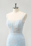 Azzurro aderente Spaghetti Straps corsetto Homceoming Dress con paillettes