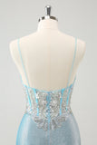 Azzurro Spaghetti Straps corsetto corto Abito Da Cocktail corto con paillettes