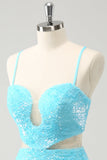 Scintillante azzurro Spaghetti Straps paillettes stretto Abito Da Cocktail con scavare fuori