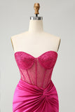 Sparkly Fucsia Stretto Corsetto in Perline senza spalline Abito Da Cocktail