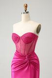 Sparkly Fucsia Stretto Corsetto in Perline senza spalline Abito Da Cocktail