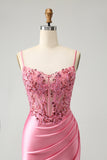 Sparkly Pink corsetto stretto Spaghetti Straps Abito Da Cocktail con applicazioni