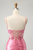 Sparkly Pink corsetto stretto Spaghetti Straps Abito Da Cocktail con applicazioni