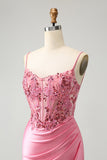 Sparkly Pink corsetto stretto Spaghetti Straps Abito Da Cocktail con applicazioni