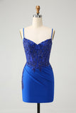 Scintillante Royal Blue Spaghetti Straps stretto abito da cocktail con perline