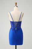 Scintillante Royal Blue Spaghetti Straps stretto abito da cocktail con perline