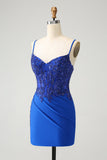 Scintillante Royal Blue Spaghetti Straps stretto abito da cocktail con perline