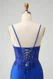 Scintillante Royal Blue Spaghetti Straps stretto abito da cocktail con perline