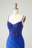 Scintillante Royal Blue Spaghetti Straps stretto abito da cocktail con perline