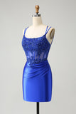 Royal Blue Corsetto Spaghetti Straps Tight Abito Da Cocktail