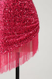 Fucsia Scintillante Paillettes Cavezza Abito Corto Da Laurea Asimmetrico Con Nappine