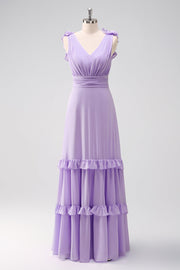 Abito da damigella d'onore increspato in chiffon lilla con volant