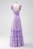 Abito da damigella d'onore increspato in chiffon lilla con volant