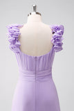 Abito da damigella d'onore increspato in chiffon lilla con volant