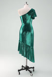 Verde scuro metallizzato una spalla sirena Cocktail Dress con volant
