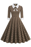 Nero Plaid Scollo a bavero Vintage 1950s Dress con mezze maniche