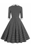 Nero Plaid Scollo a bavero Vintage 1950s Dress con mezze maniche