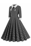 Nero Plaid Scollo a bavero Vintage 1950s Dress con mezze maniche