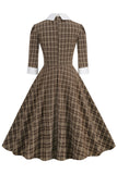 Nero Plaid Scollo a bavero Vintage 1950s Dress con mezze maniche