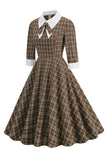 Nero Plaid Scollo a bavero Vintage 1950s Dress con mezze maniche