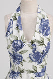 Halter Bianco Blu A Line Floreale Stampato 1950s Abito