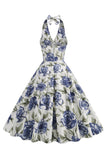 Halter Bianco Blu A Line Floreale Stampato 1950s Abito